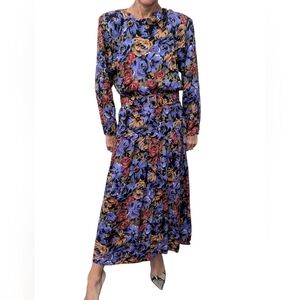 Vintage Ariana 90s Drop Waist Pleated Belted Long Sleeve Floral Midi Dress 10